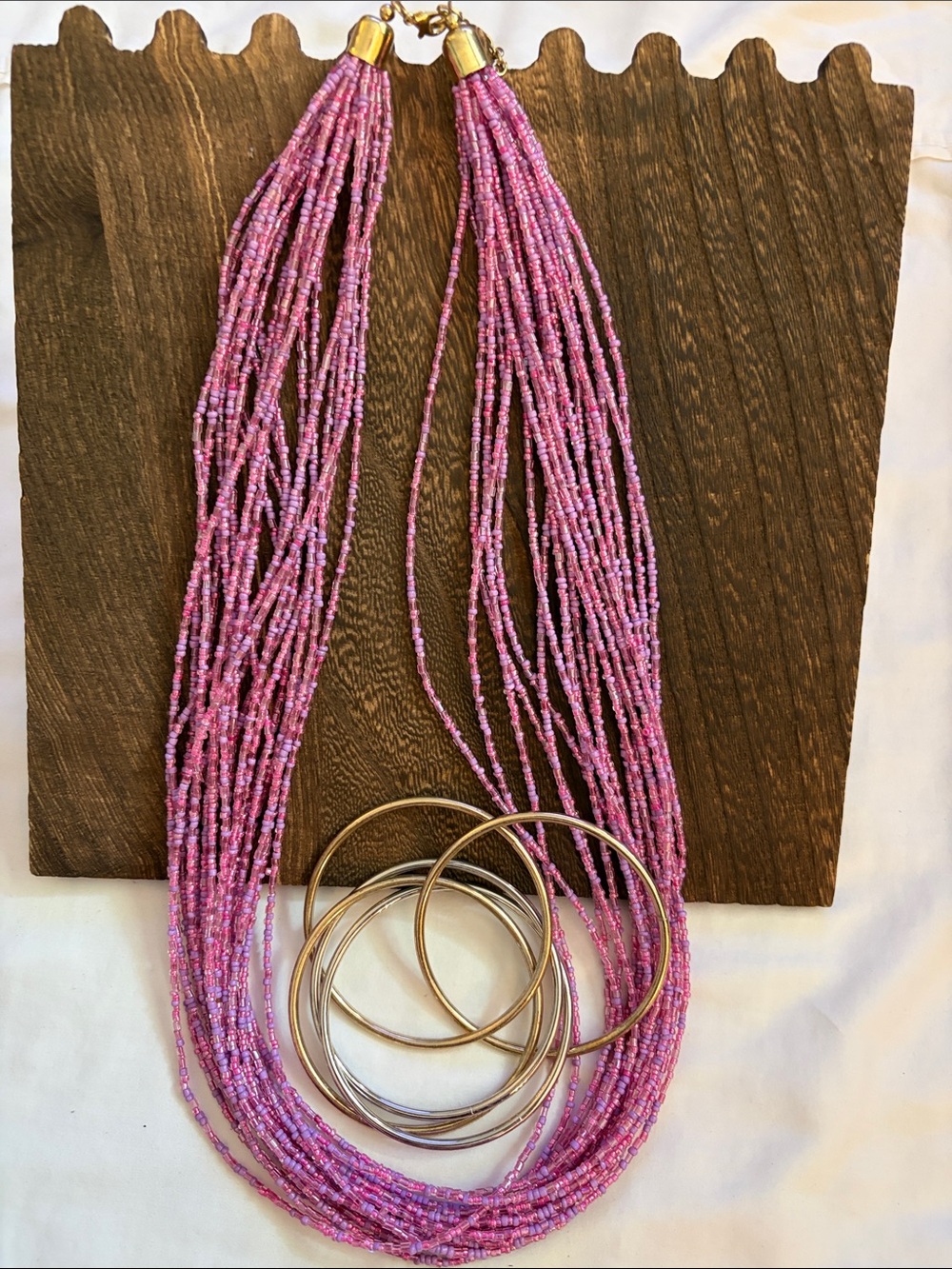Pink Seed Bead Multi-Strand Necklace with Gold Accents